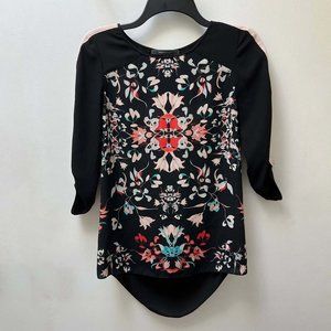 BCBG Maxazria "Andie" Draped Back Floral Top Blouse Women's Size XS